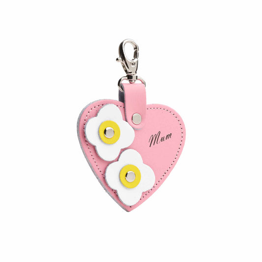 Love heart bag charm - with 'Mum' engraving and flower appliques - Pastel Pink-0