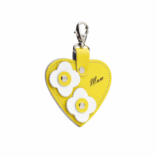 Love heart bag charm - with 'Mum' engraving and flower appliques - Pastel Yellow-0