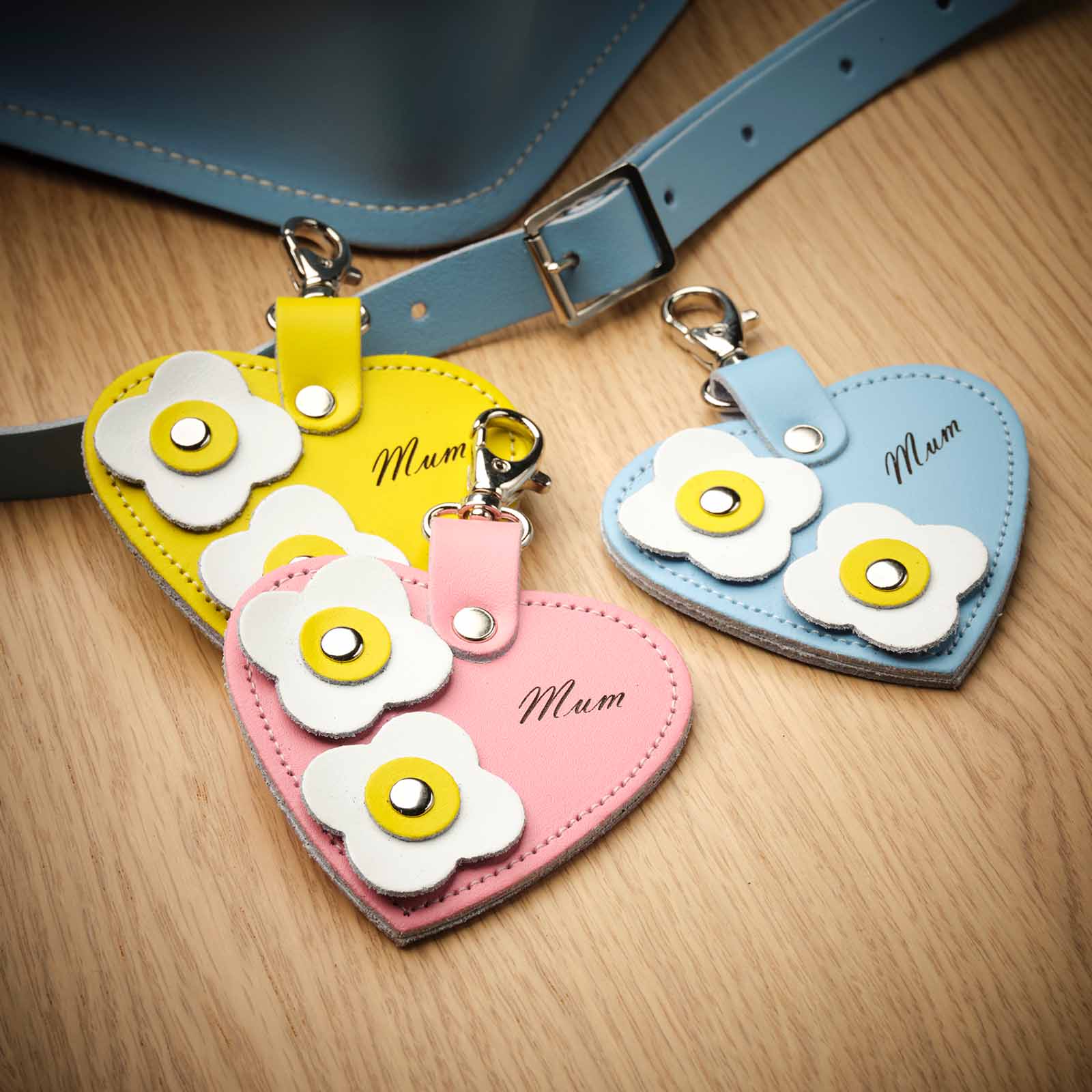 Love heart bag charm - with 'Mum' engraving and flower appliques - Pastel Yellow-1