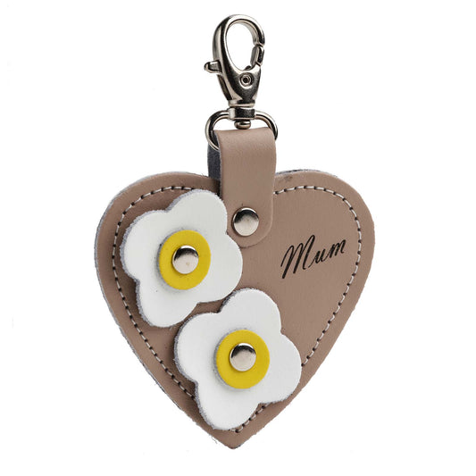 Love heart bag charm - with 'Mum' engraving and flower appliques - Iced Coffee-0